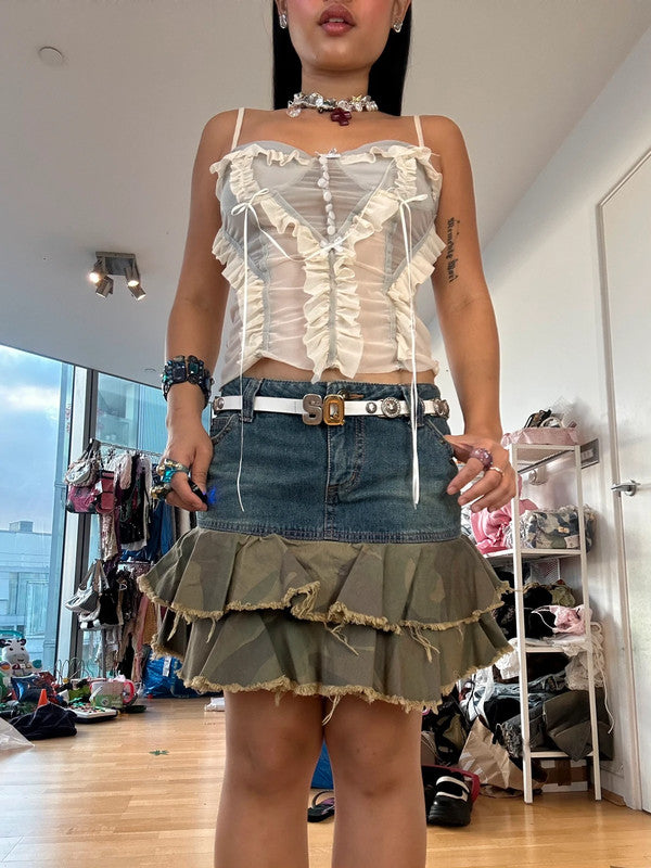 Vintage Majestic Camo Denim Tiered Mini Midi Skirt