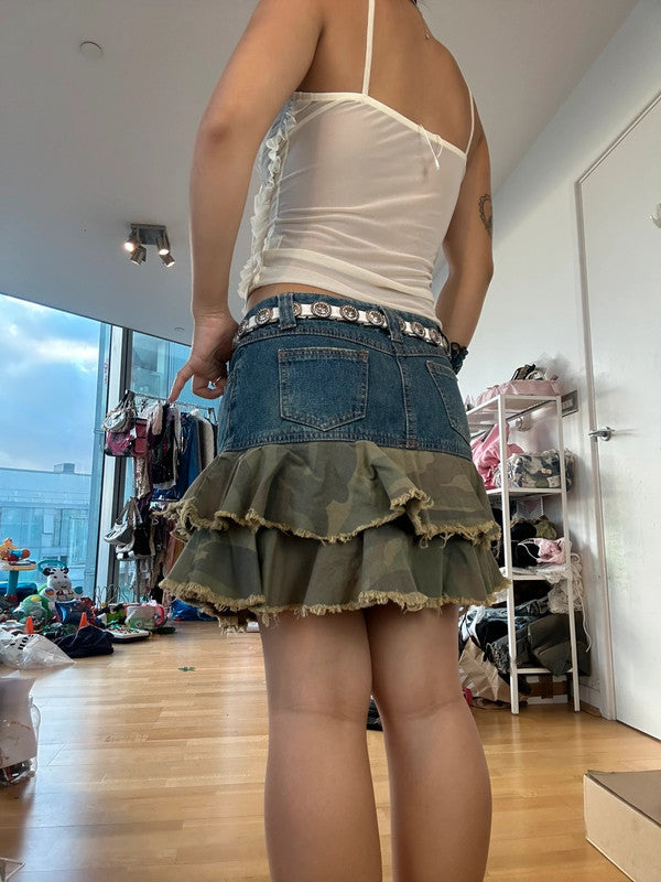 Vintage Majestic Camo Denim Tiered Mini Midi Skirt