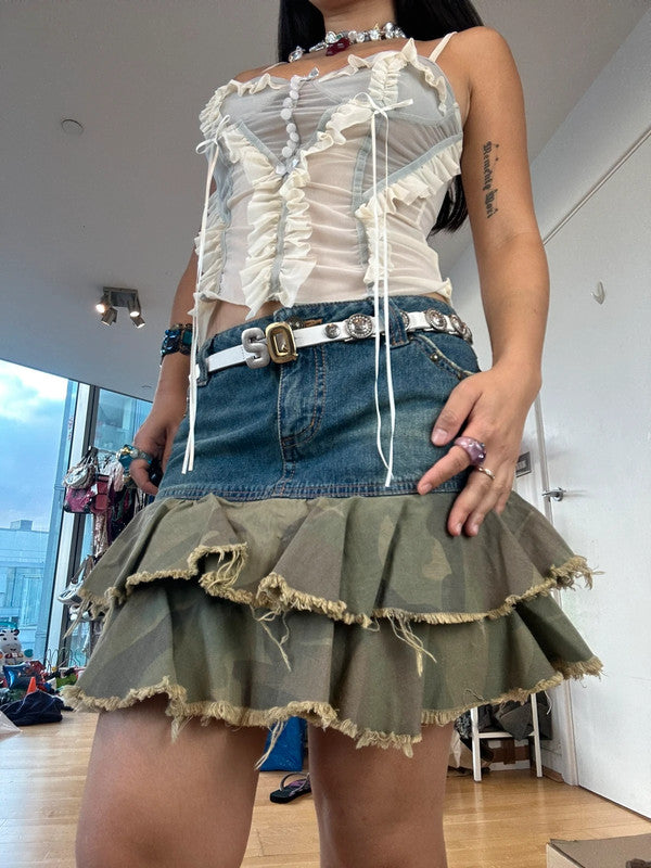 Vintage Majestic Camo Denim Tiered Mini Midi Skirt