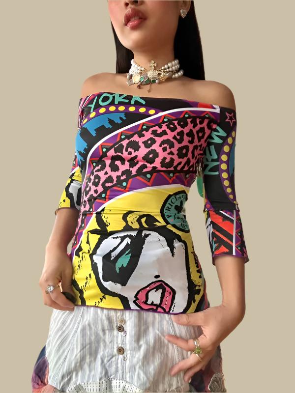 Vintage Pop Art Graphic Print Off The Shoulder Top