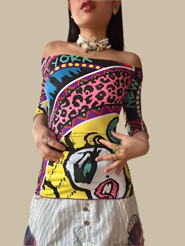 Vintage Pop Art Graphic Print Off The Shoulder Top