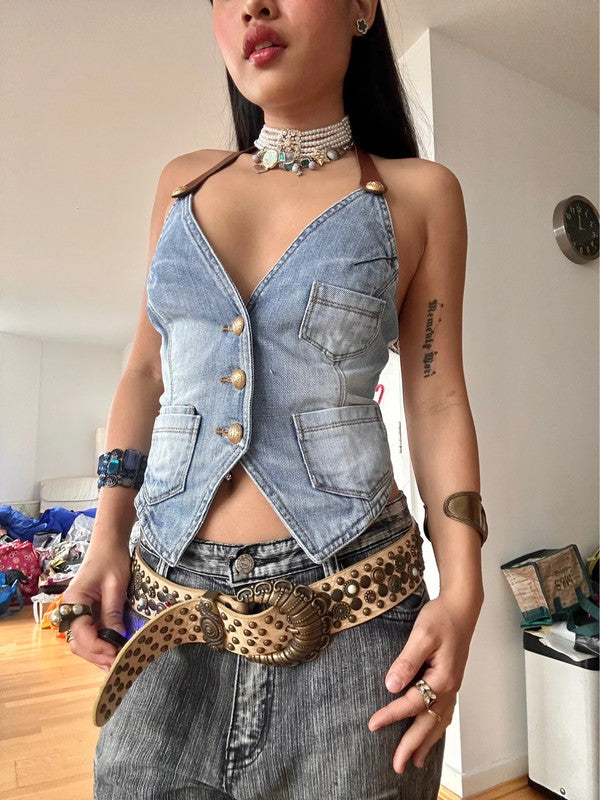 Vintage Italian Designer Denim Mesh Sexy Cut Waistcoat Top