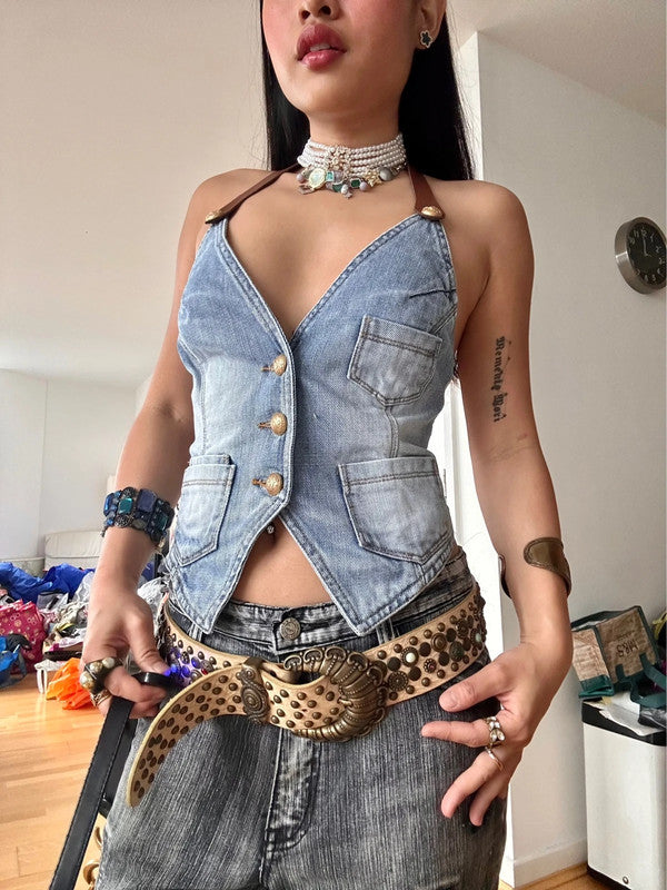 Vintage Italian Designer Denim Mesh Sexy Cut Waistcoat Top