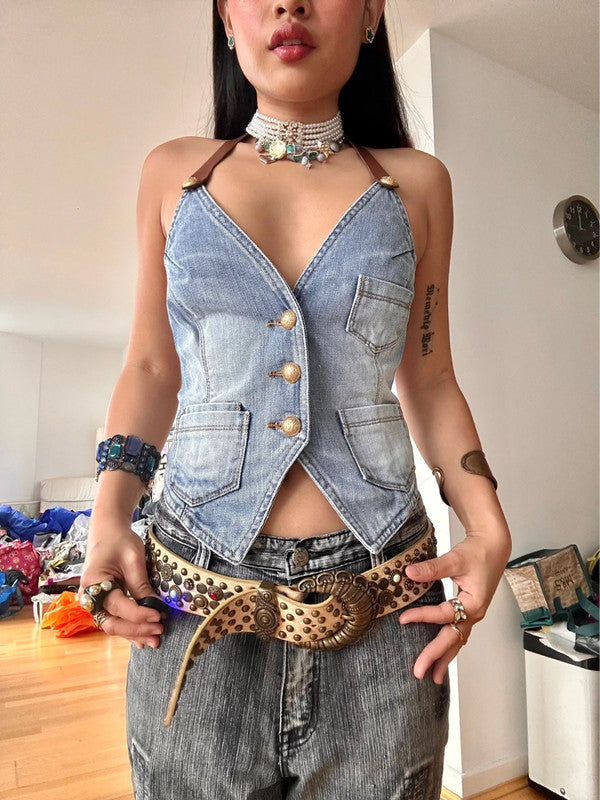 Vintage Italian Designer Denim Mesh Sexy Cut Waistcoat Top