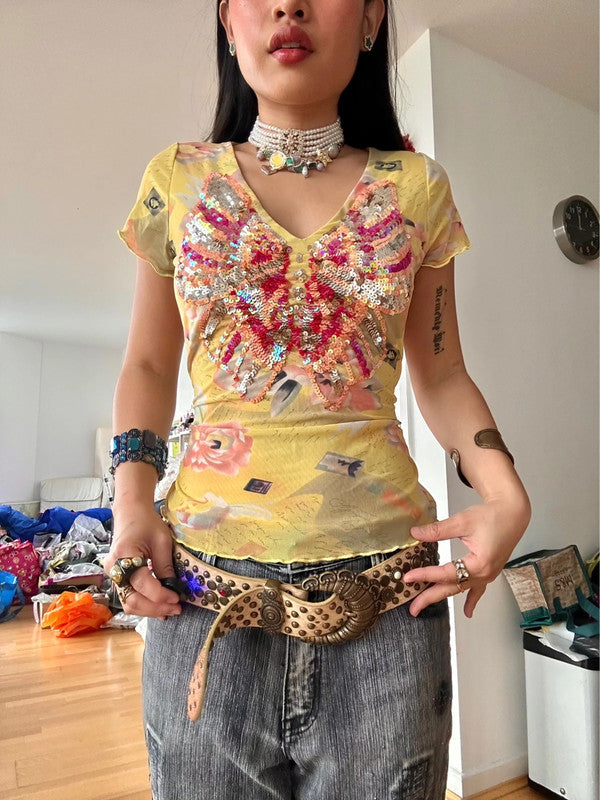 Vintage Yellow Mesh Butterfly Sequin Shirt