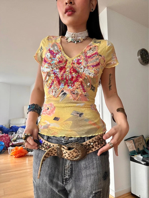 Vintage Yellow Mesh Butterfly Sequin Shirt