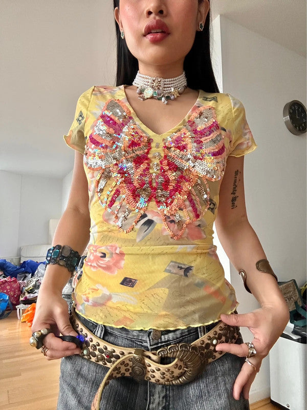 Vintage Yellow Mesh Butterfly Sequin Shirt