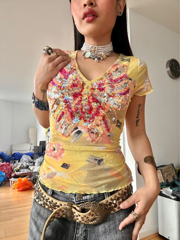 Vintage Yellow Mesh Butterfly Sequin Shirt