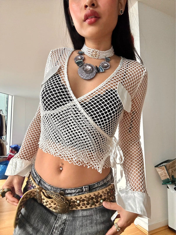 Vintage White Fishnet Satin Tie Top