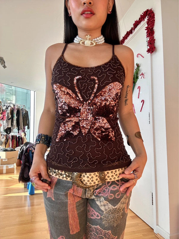 Vintage Butterfly Sequin Beaded Cami Top