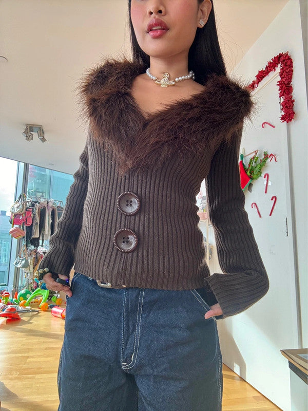 Vintage Chunky Button Fur Trim Ribbed Jumper