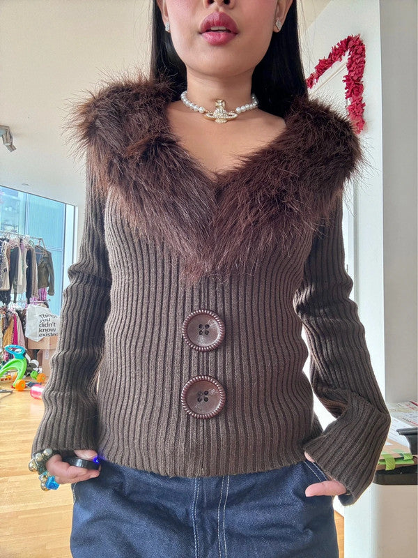 Vintage Chunky Button Fur Trim Ribbed Jumper