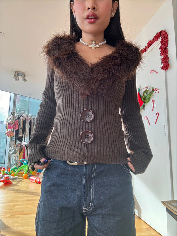 Vintage Chunky Button Fur Trim Ribbed Jumper