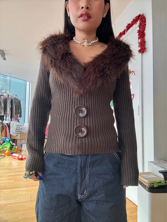 Vintage Chunky Button Fur Trim Ribbed Jumper