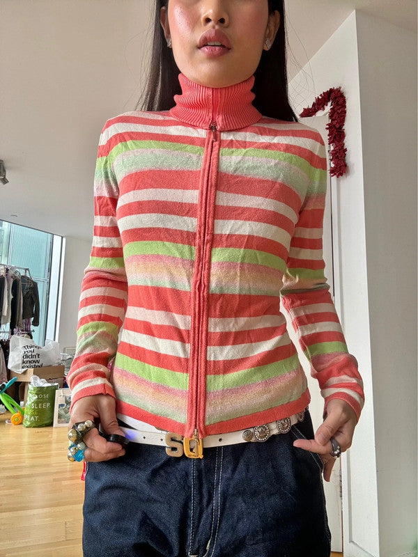 Vintage Multicolour Striped Zip-Up Turtleneck Jumper.