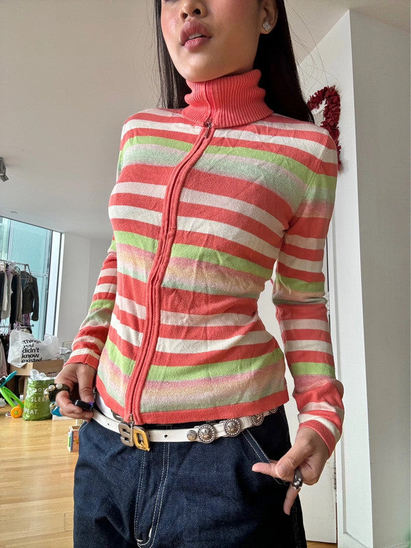 Vintage Multicolour Striped Zip-Up Turtleneck Jumper.