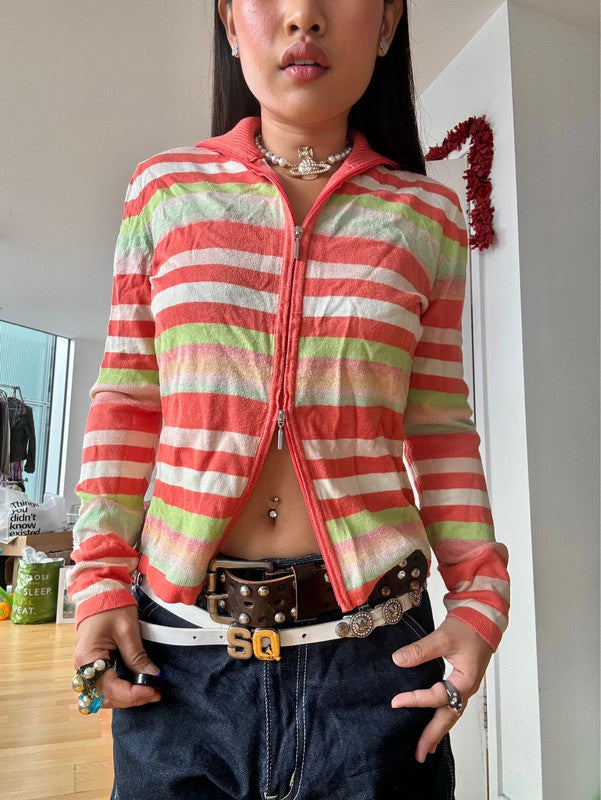 Vintage Multicolour Striped Zip-Up Turtleneck Jumper.