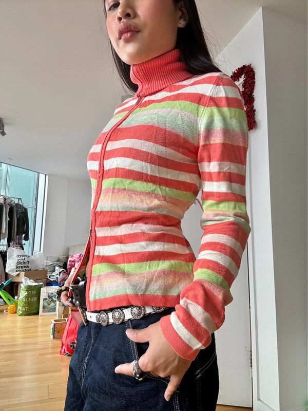 Vintage Multicolour Striped Zip-Up Turtleneck Jumper.