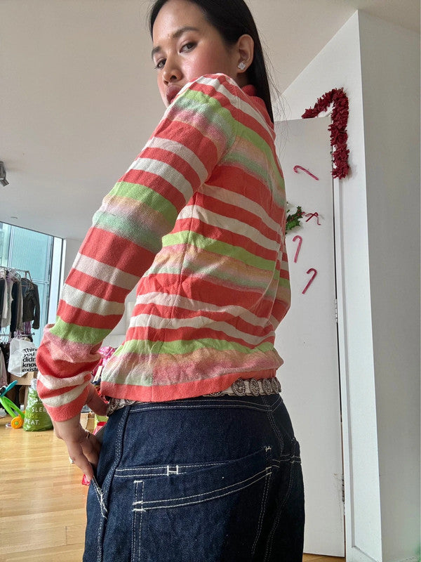 Vintage Multicolour Striped Zip-Up Turtleneck Jumper.