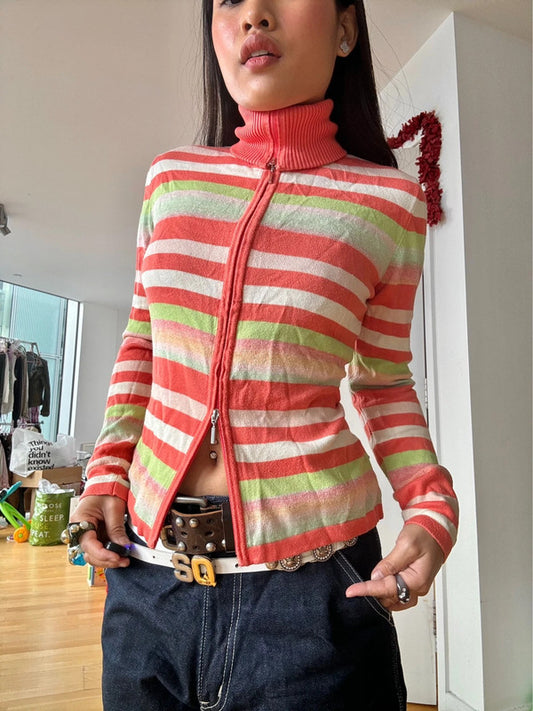 Vintage Multicolour Striped Zip-Up Turtleneck Jumper.