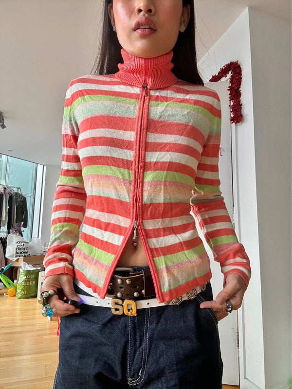 Vintage Multicolour Striped Zip-Up Turtleneck Jumper.