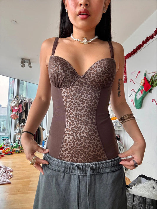 Japanese Vintage Leopard Print Corset Mesh Bodysuit