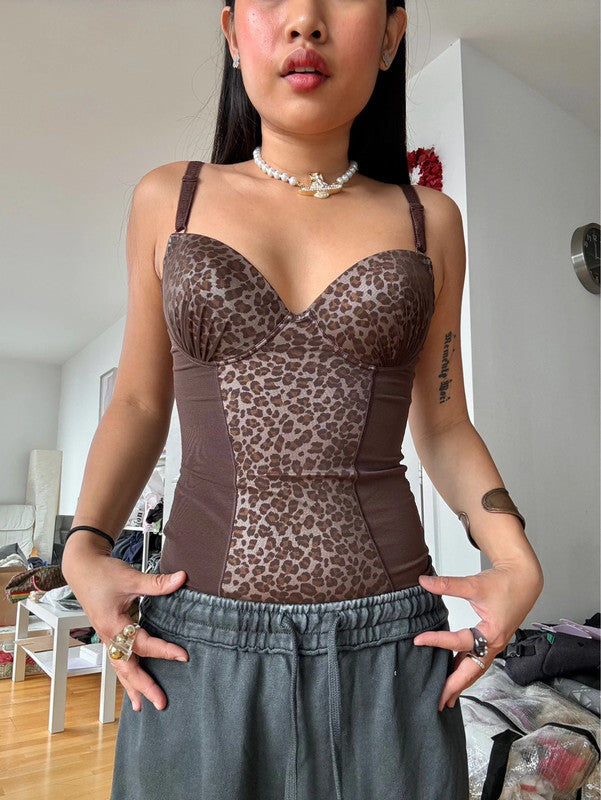 Japanese Vintage Leopard Print Corset Mesh Bodysuit