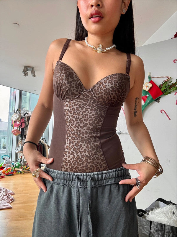 Japanese Vintage Leopard Print Corset Mesh Bodysuit