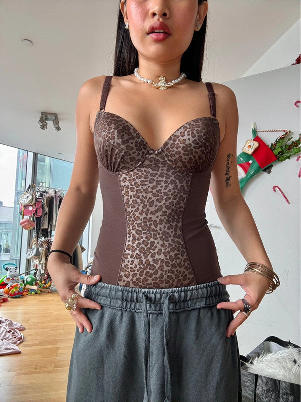 Japanese Vintage Leopard Print Corset Mesh Bodysuit