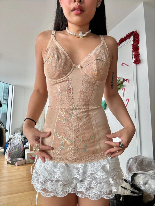 Vintage Beige Floral Embroidered Cami Top