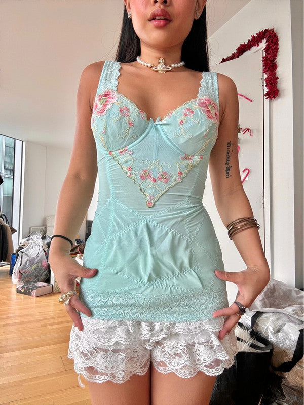 Vintage Floral Turquoise Corset Cami Top