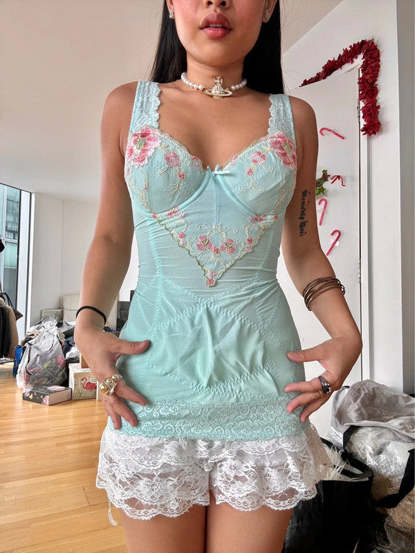 Vintage Floral Turquoise Corset Cami Top