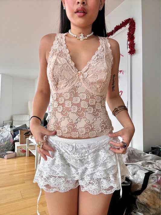 Vintage Light Apricot Lace Floral Cami Top