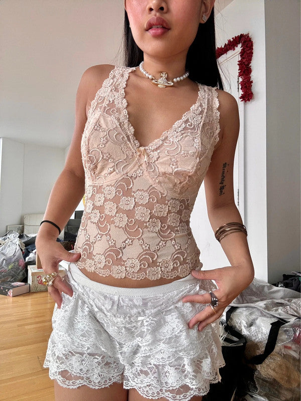 Vintage Light Apricot Lace Floral Cami Top