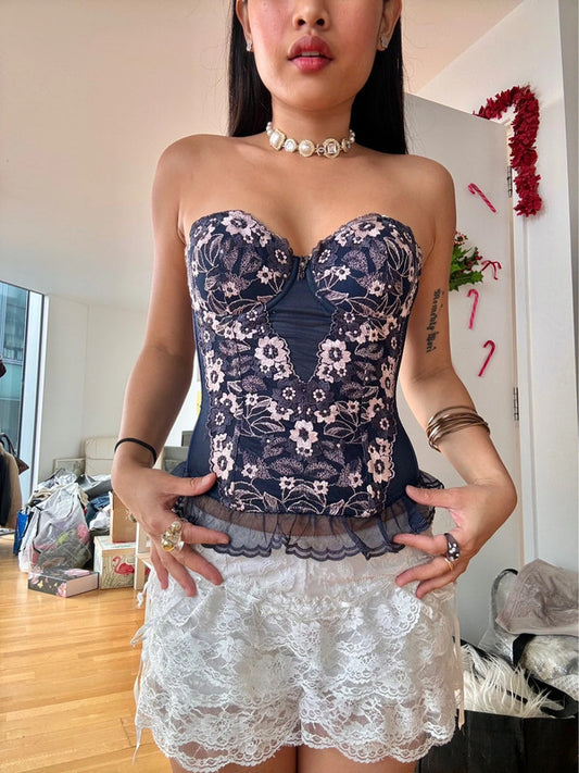 Vintage Navy Blue Floral Corset Top