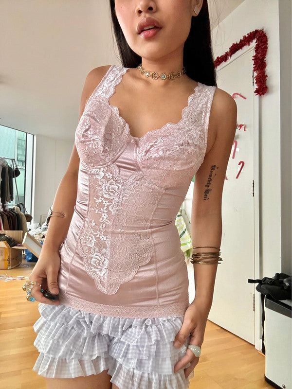 Vintage Pink Coquette Lace Satin Cami Top