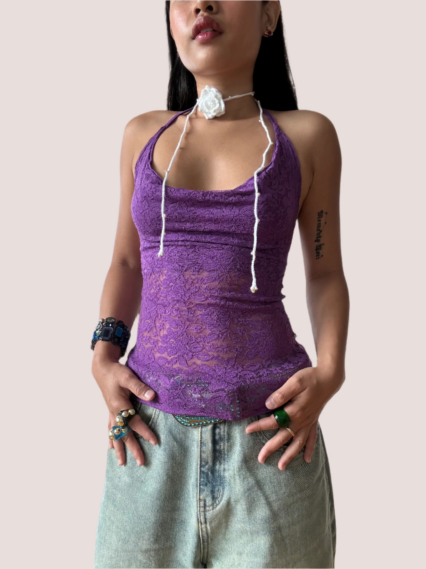 Vintage Purple Floral Lace Cowl Neck Cami Haltertop