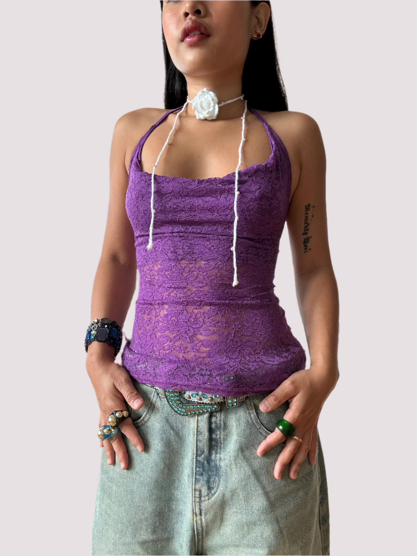 Vintage Purple Floral Lace Cowl Neck Cami Haltertop