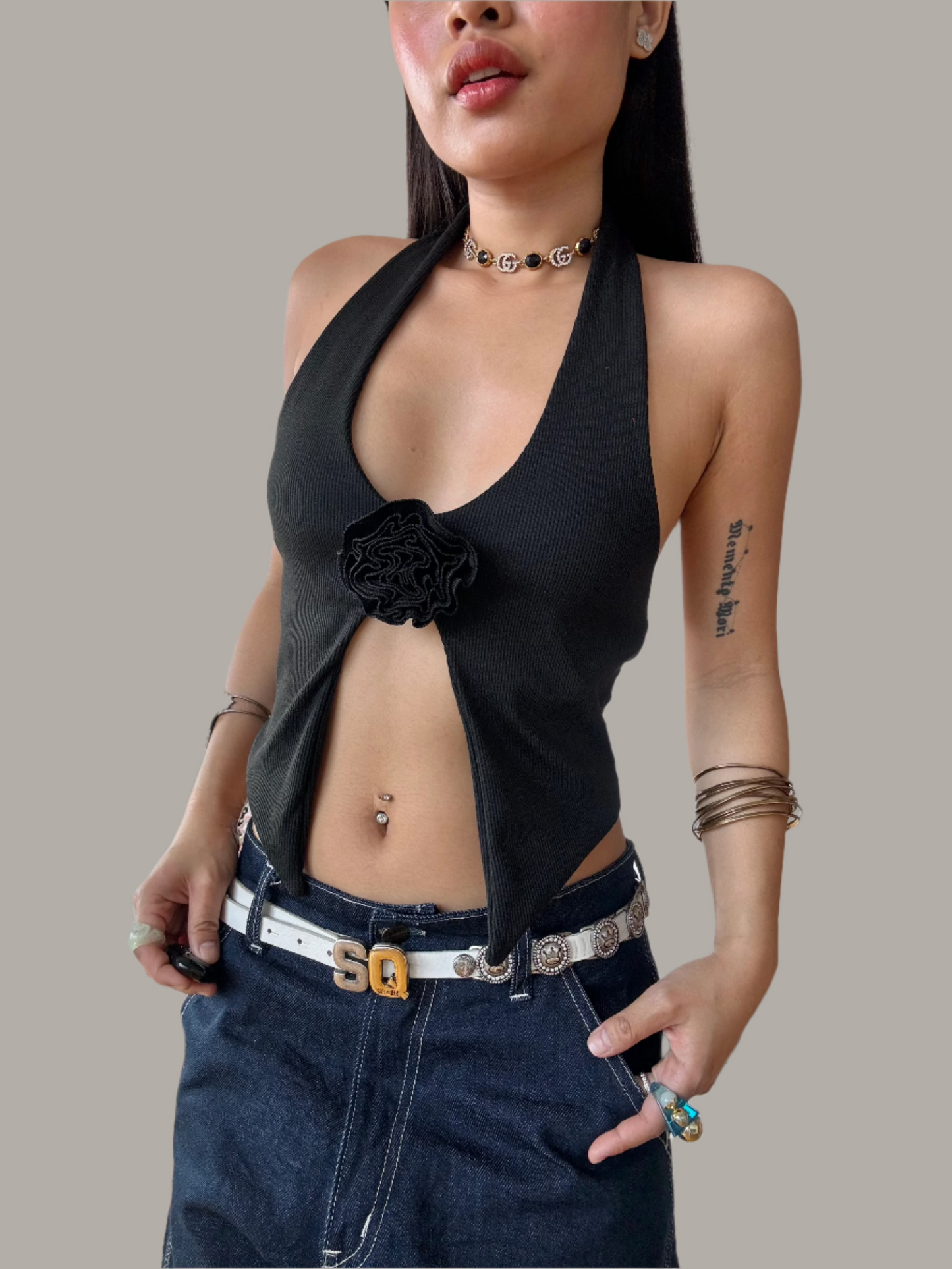 Y2K Black Flower Appliqué Cami Vest Top