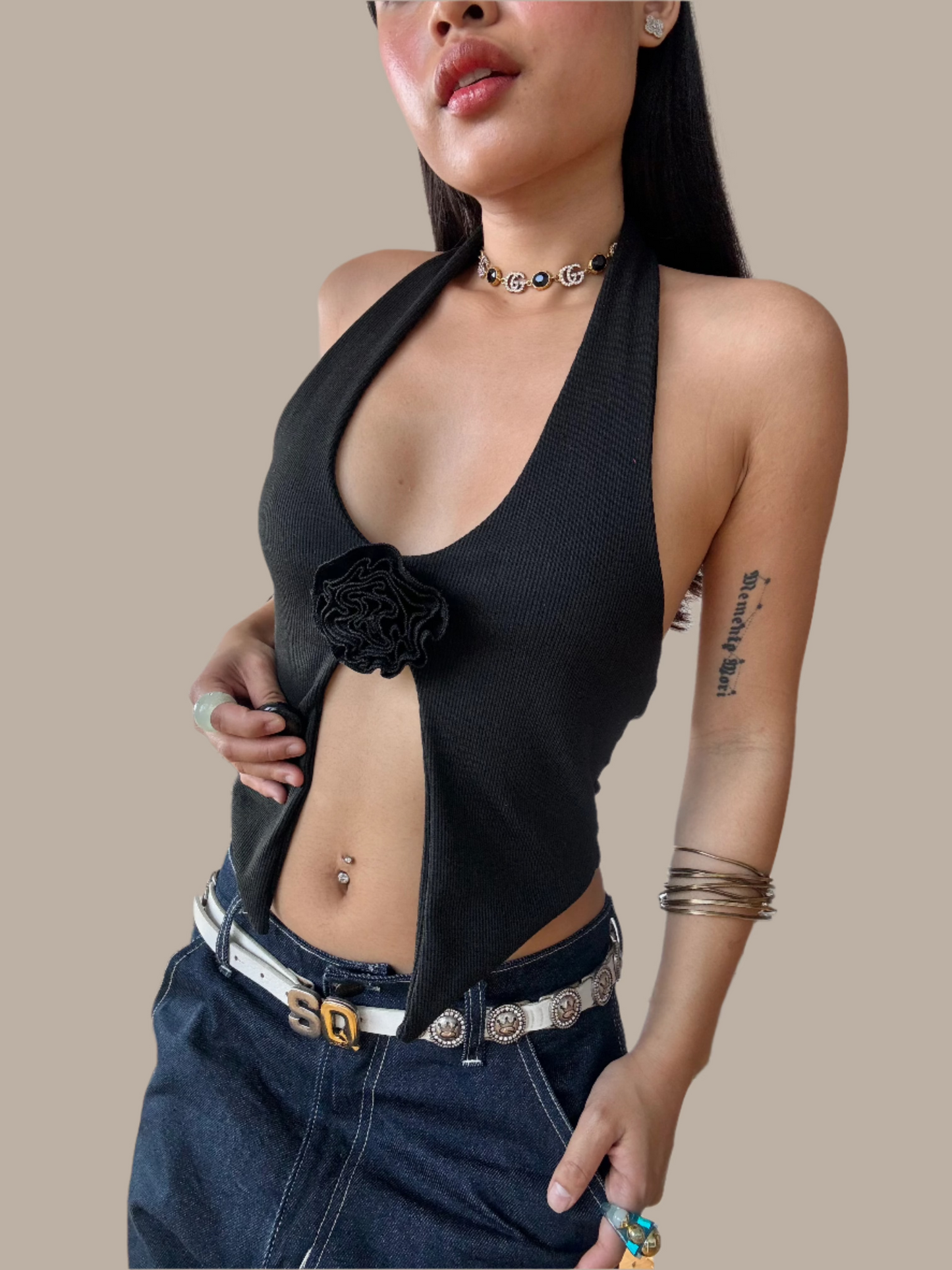 Y2K Black Flower Appliqué Cami Vest Top