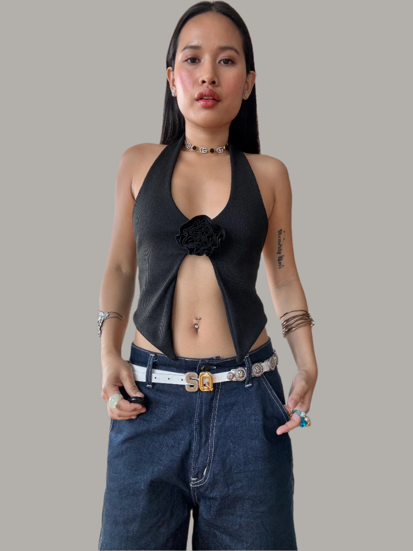 Y2K Black Flower Appliqué Cami Vest Top