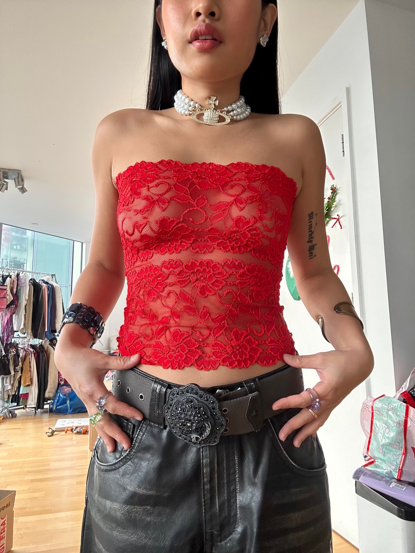 Vintage Deadstock Red Floral Sheer Lace Cami Set