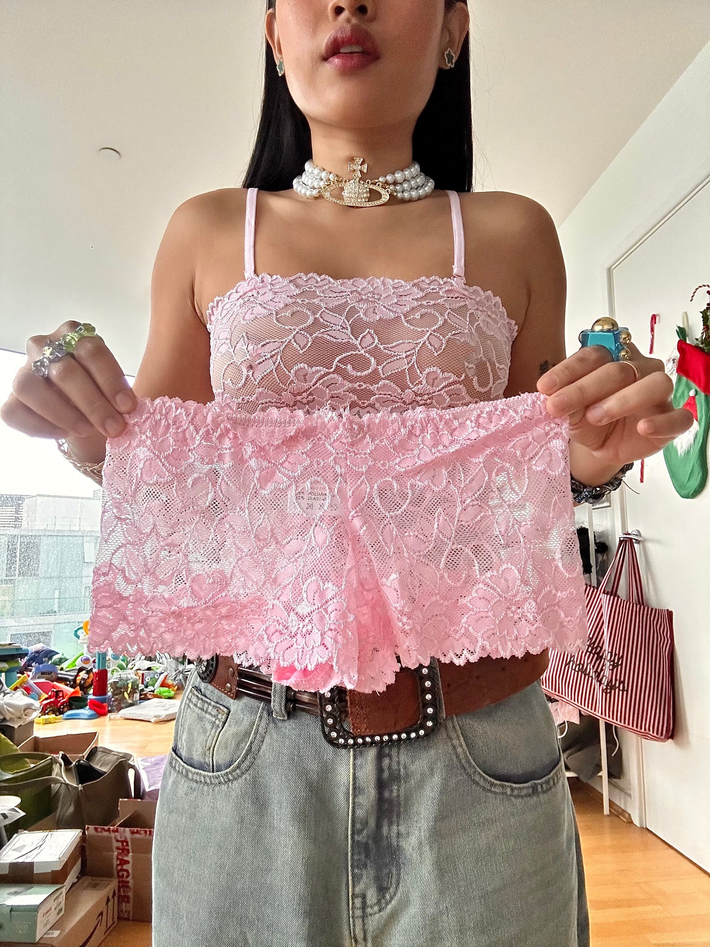 Vintage Deadstock Pink Floral Sheer Lace Cami Set