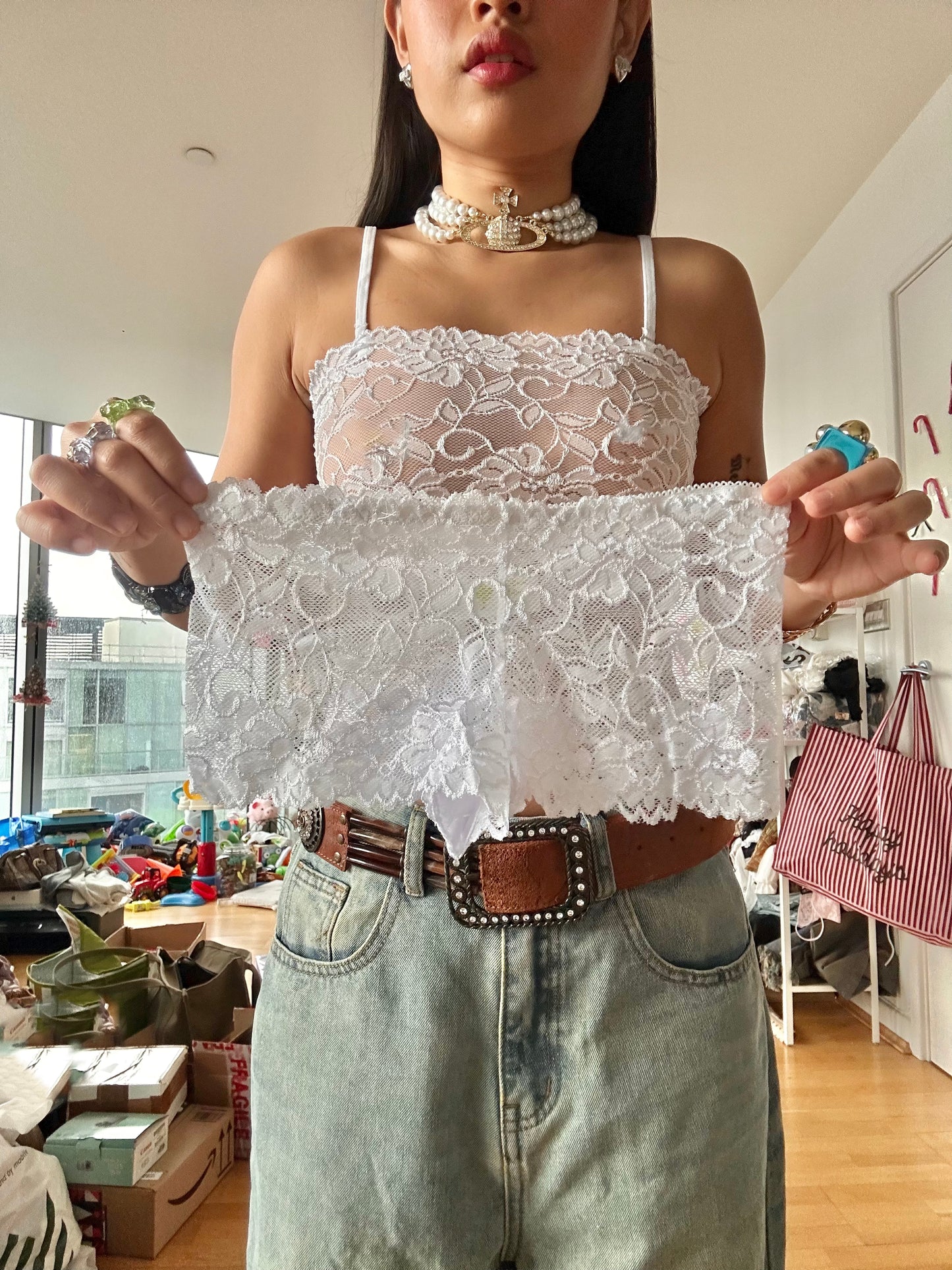 Vintage Deadstock White Floral Sheer Lace Cami Set