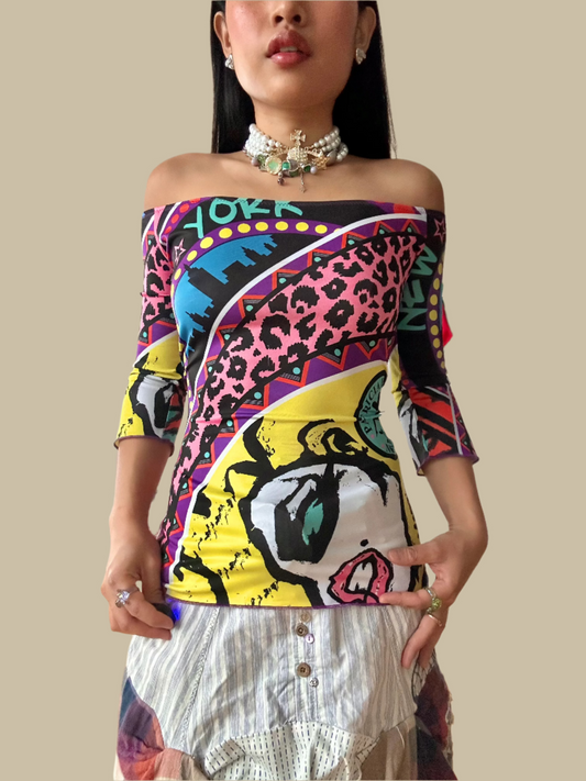 Vintage Pop Art Graphic Print Off The Shoulder Top