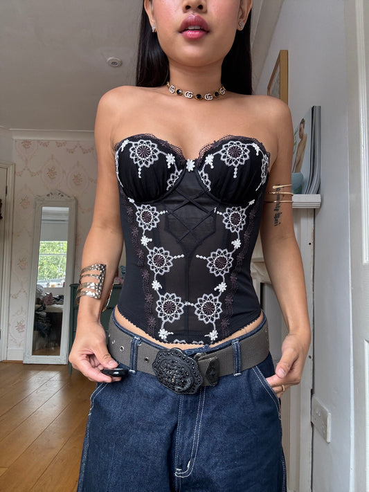 Vintage Luxurious Black Floral Embroidery Corset Top