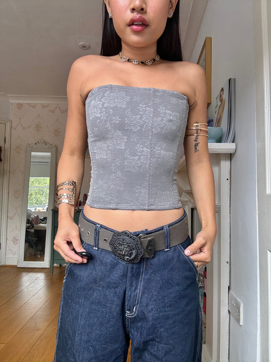 Vintage Grey Floral Lace Bandeau Corset Top