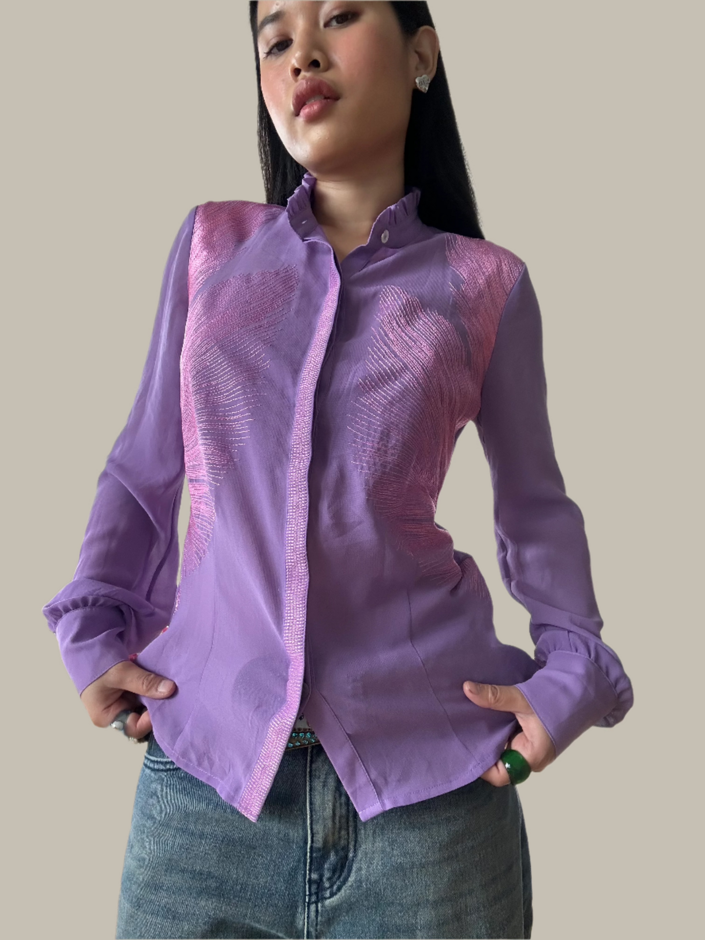 Miss Sixty Purple Victorian Style Button-Up Shirt