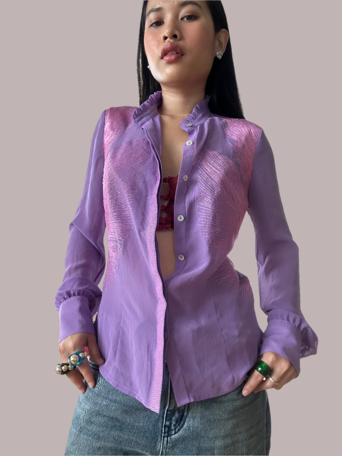 Miss Sixty Purple Victorian Style Button-Up Shirt